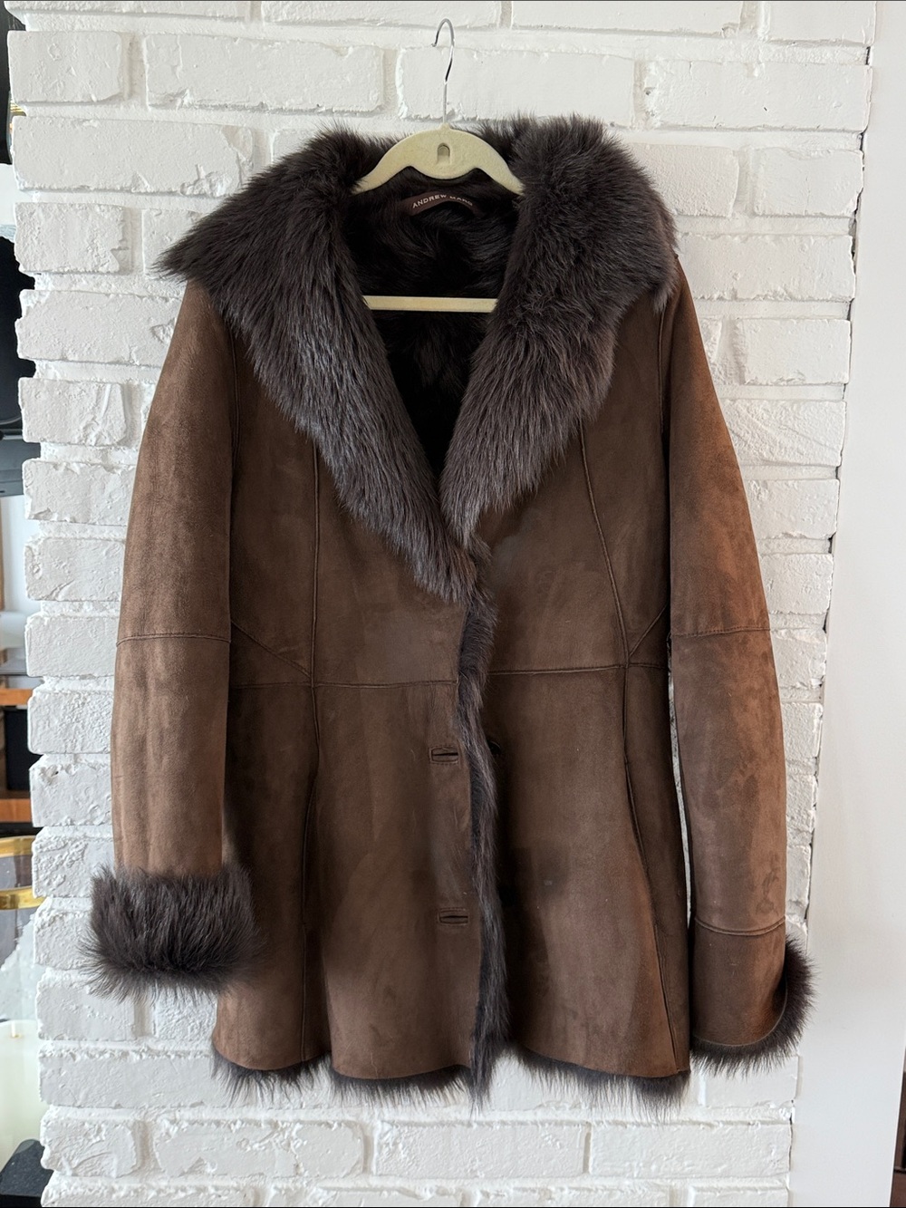 Andrew Marc Brown Suede Shearling Jacket with Dark Fur Trim